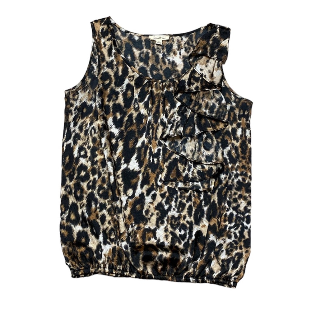Brina & Em Sleeveless Blouse Womens M Casual Shirt Leopard Print Ruffle Tank Top